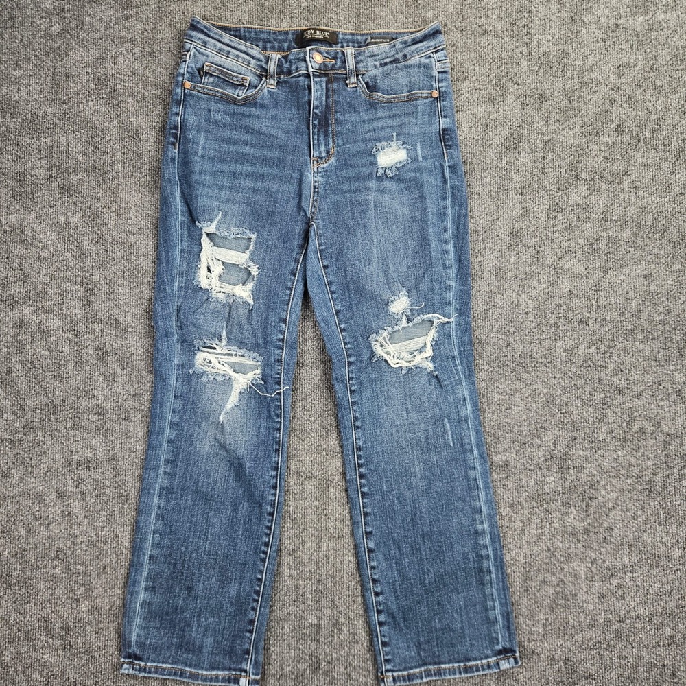 Judy Blue Cropped Straight Leg Jeans Women's 11/ 30 Distressed Mid Rise Med Wash